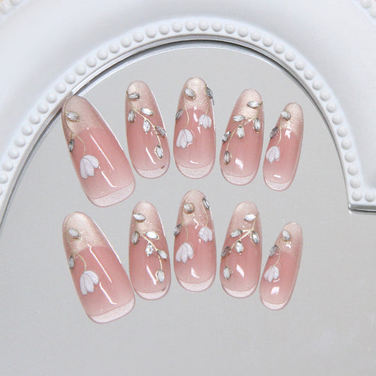 Blooming Elegance Pink Long Almond Press On Nail Set with Floral Design and Glitter Accents