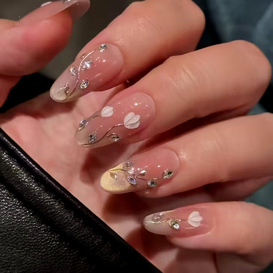 Enchanted Garden Long Almond Transparent Beige with Floral and Gemstone Accents Press-On Nail Set