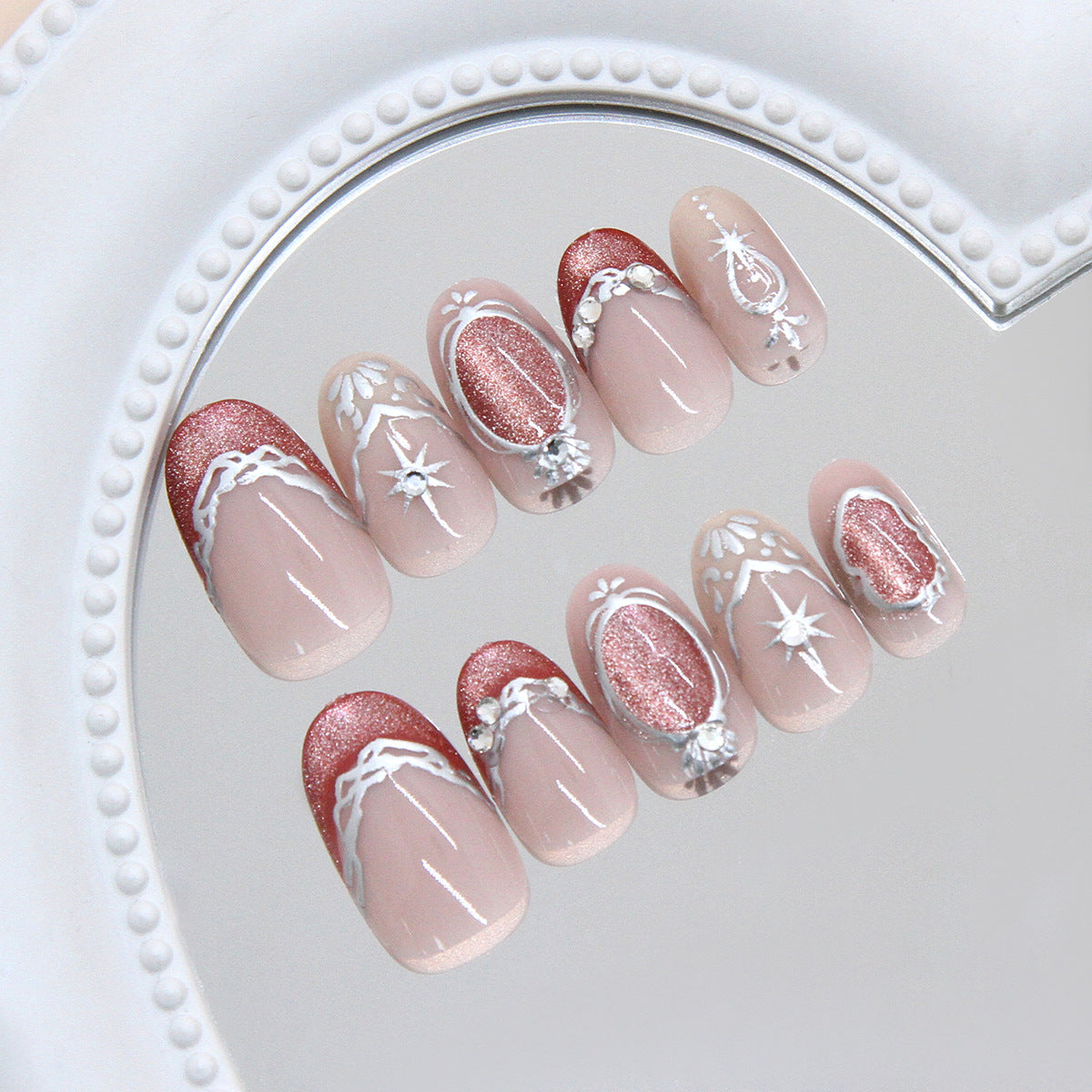 Celestial Elegance Press on Nail Set Short Oval Beige and Rose Gold with Sparkling Gem Accents