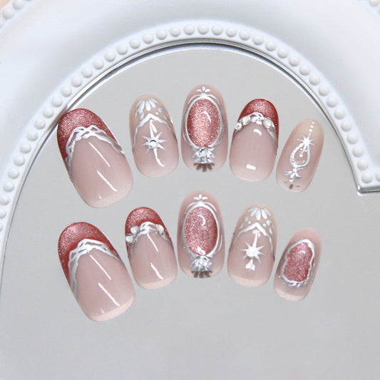 Glistening Winter Wonderland Short Oval Shaped Pink and Rose Gold Press On Nail Set with Elegant Glitter Design
