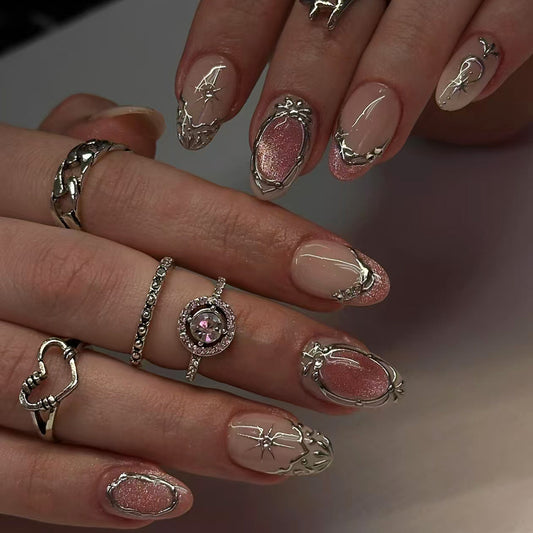 Celestial Glamour Short Oval Shaped Pink and Beige Sparkle Press on Nail Set with Intricate Silver Detailing