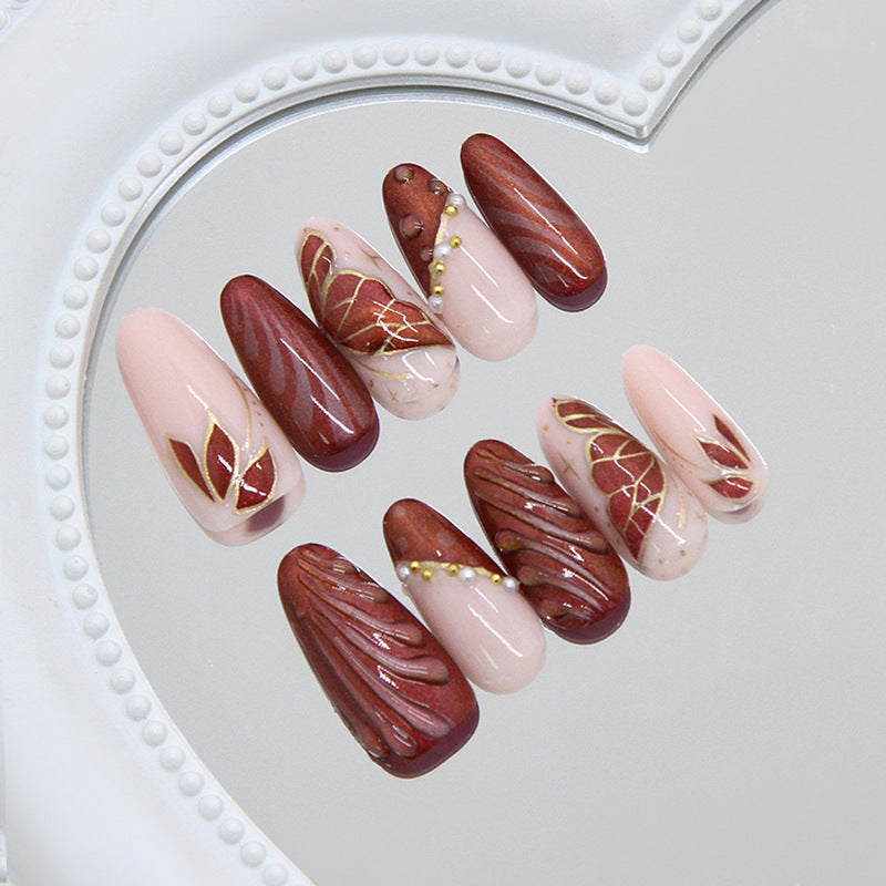 Autumn Elegance Long Almond Burgundy and Blush Press on Nail Set with Unique Leaf Design