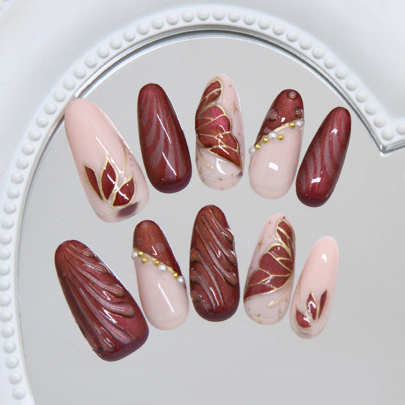 Autumn Elegance Long Almond Burgundy and Blush Press on Nail Set with Gold Leaf Accents