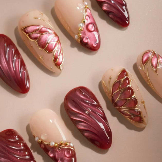 Glamorous Autumn Elegance Long Almond Red and Beige Press On Nail Set with Intricate Gold Accents