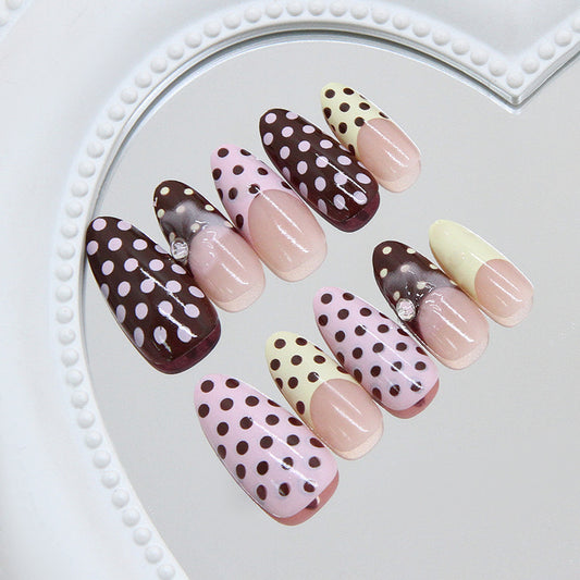 Delightful Dessert Inspired Long Almond Shaped Pink Brown and Yellow Polka Dot Press On Nail Set with Sparkling Accent