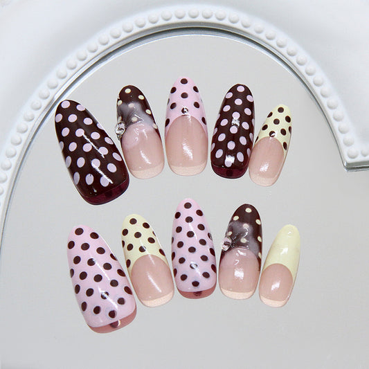 Charming Dots Long Almond Pink and Brown Nail Set with Unique Sparkle Accents