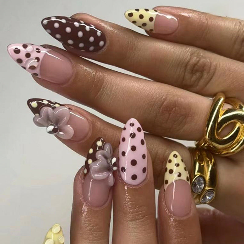 Whimsical Elegance Long Almond Shaped Pink and Brown with Delightful Floral Accents and Polka Dots Press On Nail Set