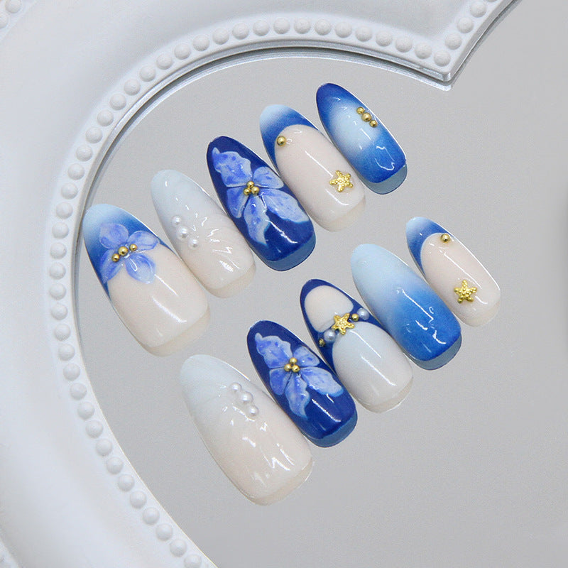 Elegant Ocean Bliss Long Almond Blue Ombre Floral Design Press On Nail Set with Gold Accents