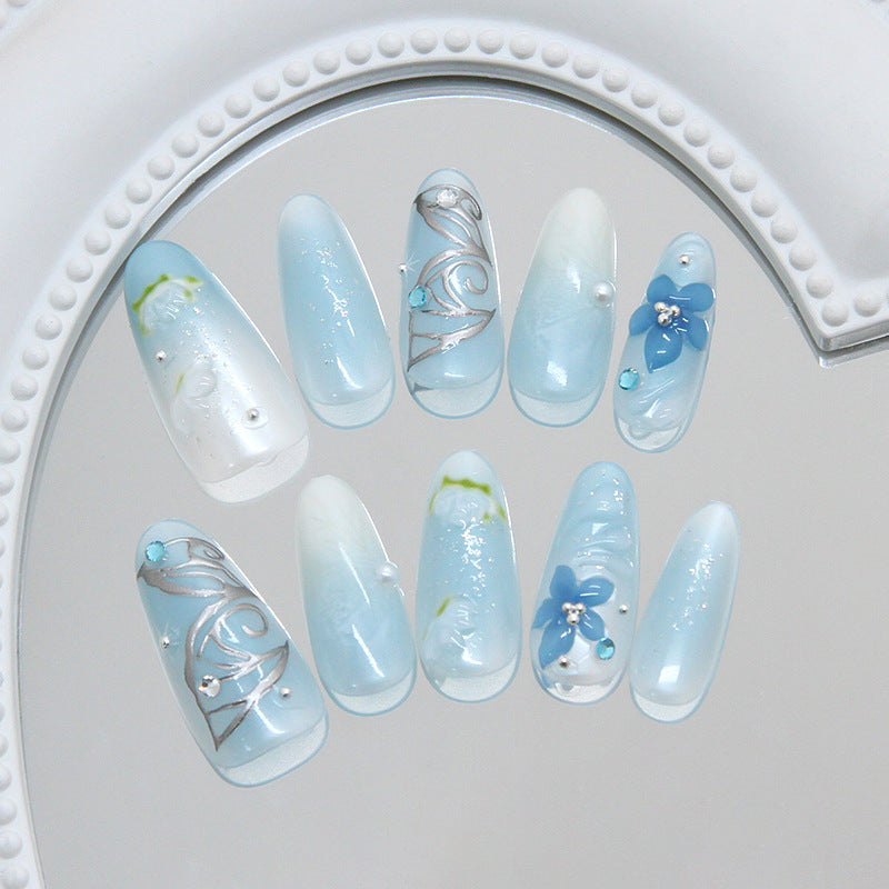 Serene Ocean Breeze Long Almond Blue Floral Accent Press On Nail Set