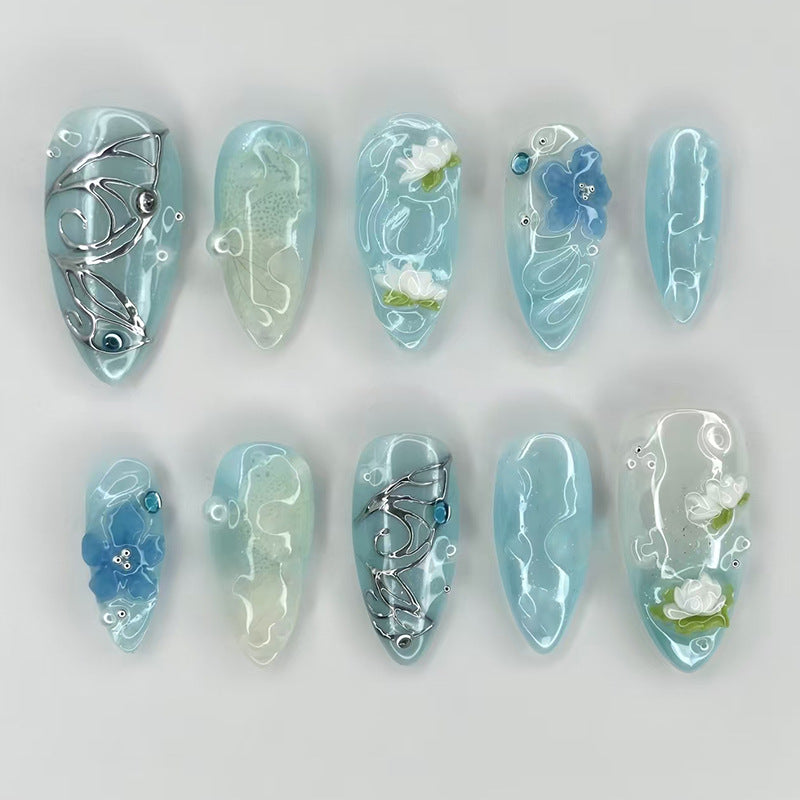 Ocean Breeze Elegance Long Almond Blue Transparent Floral Design Press On Nail Set
