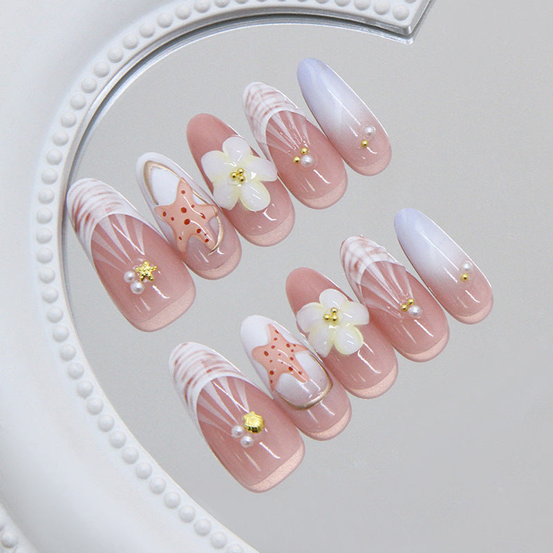 Beach Bliss Long Almond Shaped Pink Ombre Press On Nail Set with Floral and Starfish Accents