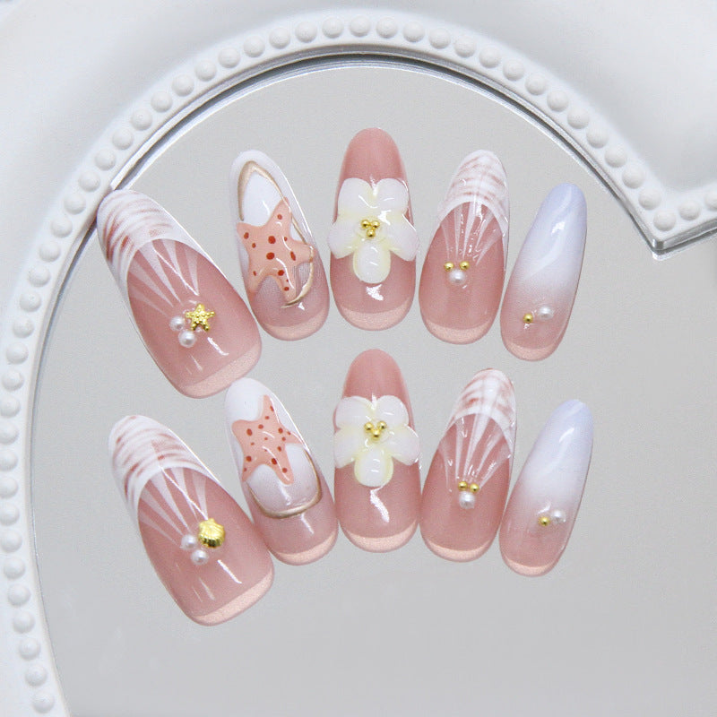 Coastal Charm Long Almond Pink Press-On Nail Set with Starfish and Floral Accents