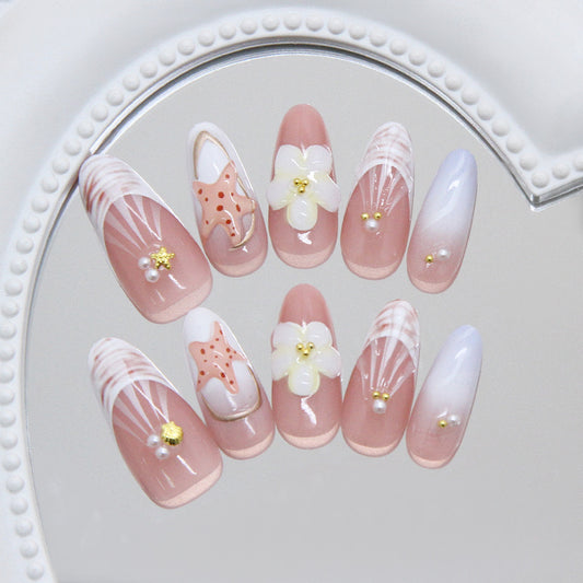 Coastal Charm Long Almond Pink Press-On Nail Set with Starfish and Floral Accents