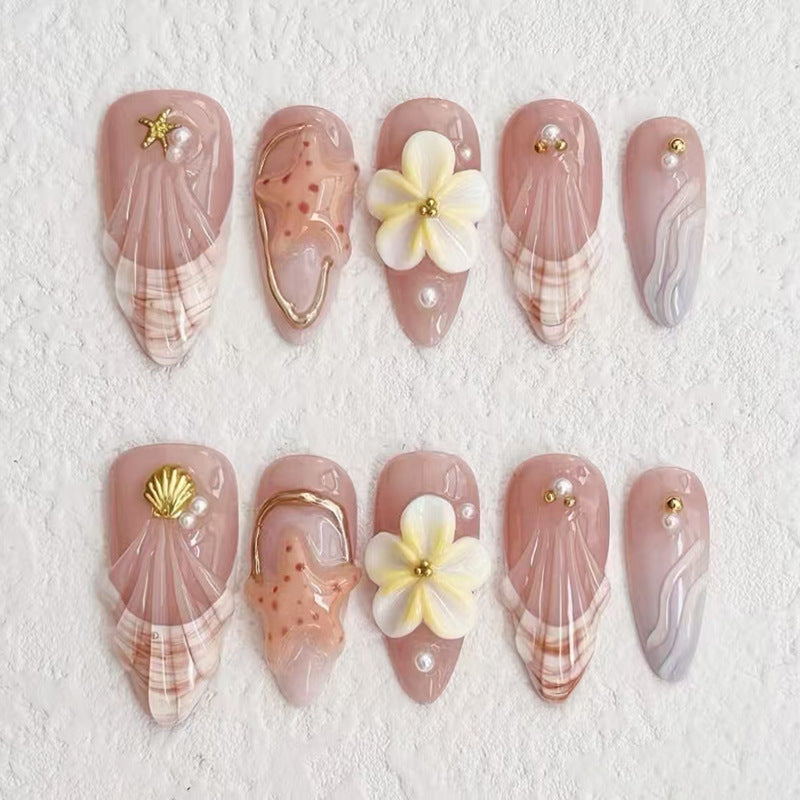 Coastal Dream Elegant Long Almond Shaped Blush Pink Nail Set with Floral and Shell Accents