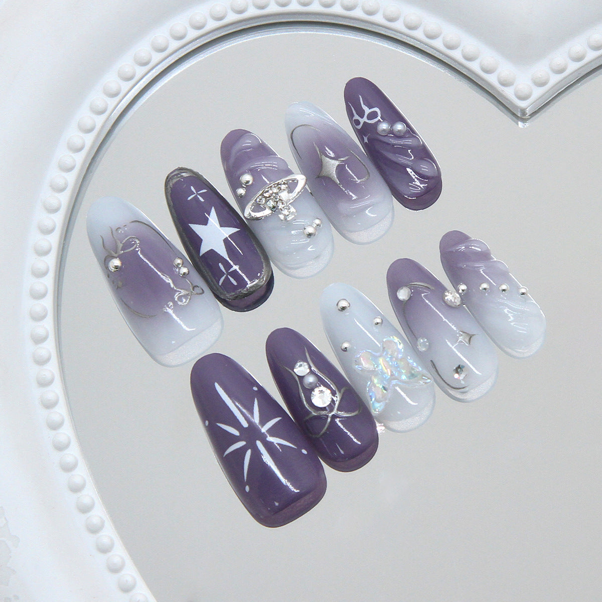 Celestial Elegance Long Almond Purple with Stunning Glitter Details Press On Nail Set