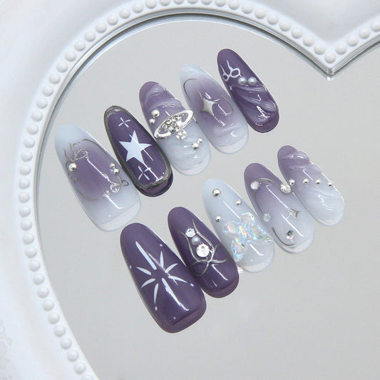 Celestial Elegance Long Almond Purple with Stunning Glitter Details Press On Nail Set