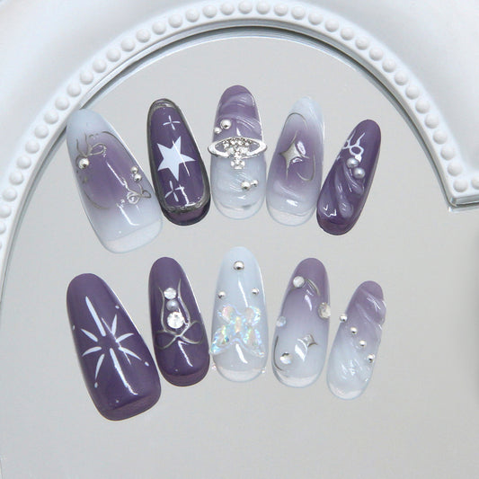 Celestial Dream Press On Nail Set Long Almond Purple Gradient with Iridescent Accents