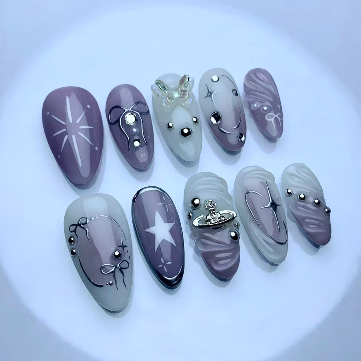 Celestial Elegance Long Almond Lavender and White Nail Set with Unique Gemstone Embellishments