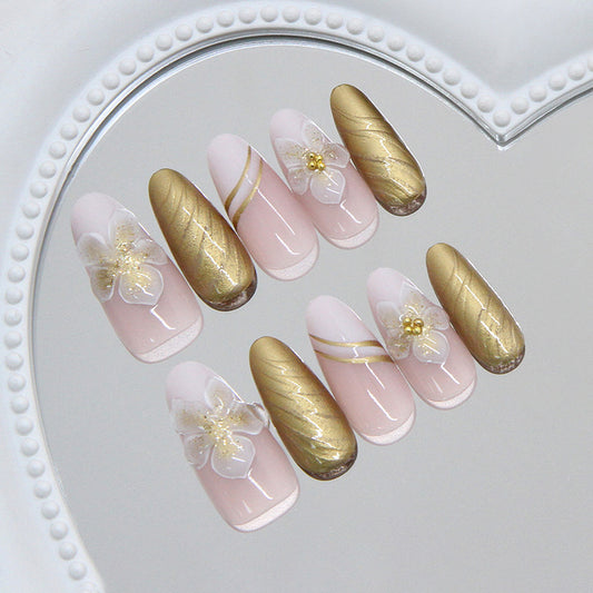 Elegant Spring Blossom Long Almond Pale Pink and Shiny Gold with Floral Accent Press On Nail Set