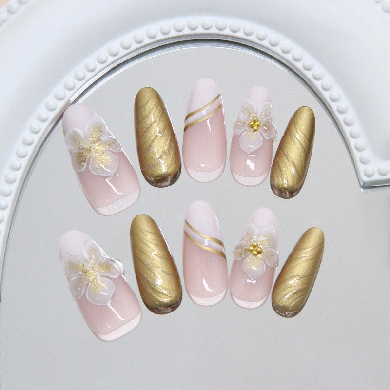 Enchanted Blossom Long Almond Soft Pink and Gold Floral Design Nail Set