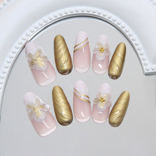 Enchanted Blossom Long Almond Soft Pink and Gold Floral Design Nail Set
