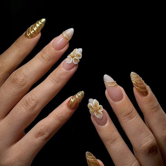 Gilded Floral Elegance Long Almond Golden Ombre with Intricate Bloom Design Press On Nail Set