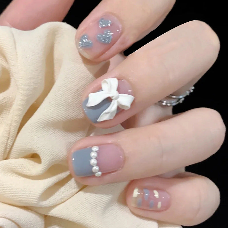 Elegant Bridal Collection Short Round Pastel Press On Nail Set with Pearls and Bow Accents