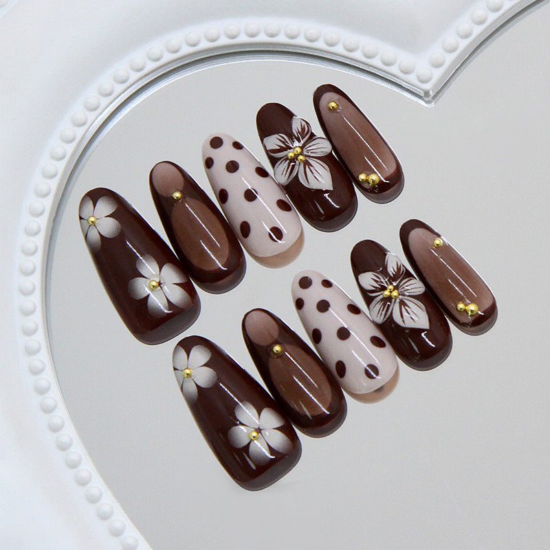 Chic Floral Elegance Long Almond Brown Press On Nail Set with Dainty Flowers and Gold Accents