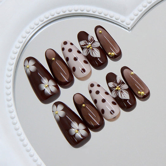 Chic Floral Elegance Long Almond Brown Press On Nail Set with Dainty Flowers and Gold Accents