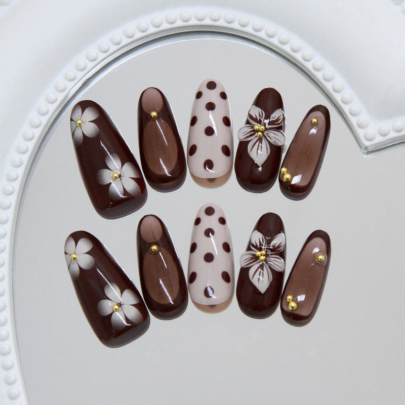 Coffee Blossom Charm Long Almond Brown and Beige Floral Press On Nail Set with Gold Accents