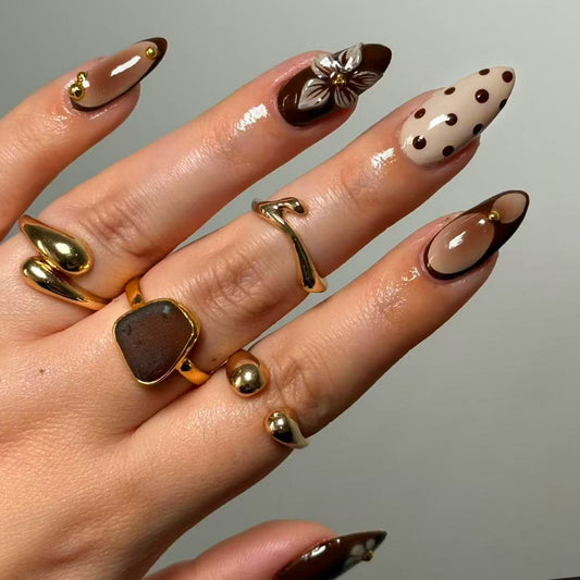 Elegant Luxe Long Almond Brown Ombre Nails with Floral Accent and Dots