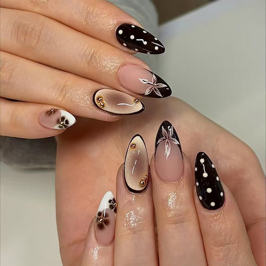 Chic Glamour Long Almond Chocolate and Beige Nail Set with Elegant Floral Accents