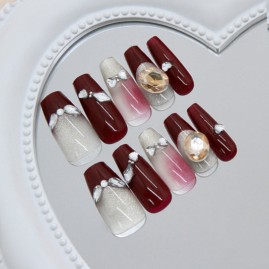 Glamorous Enchantment Elegant Long Coffin Burgundy and Silver Rhinestone Press On Nail Set