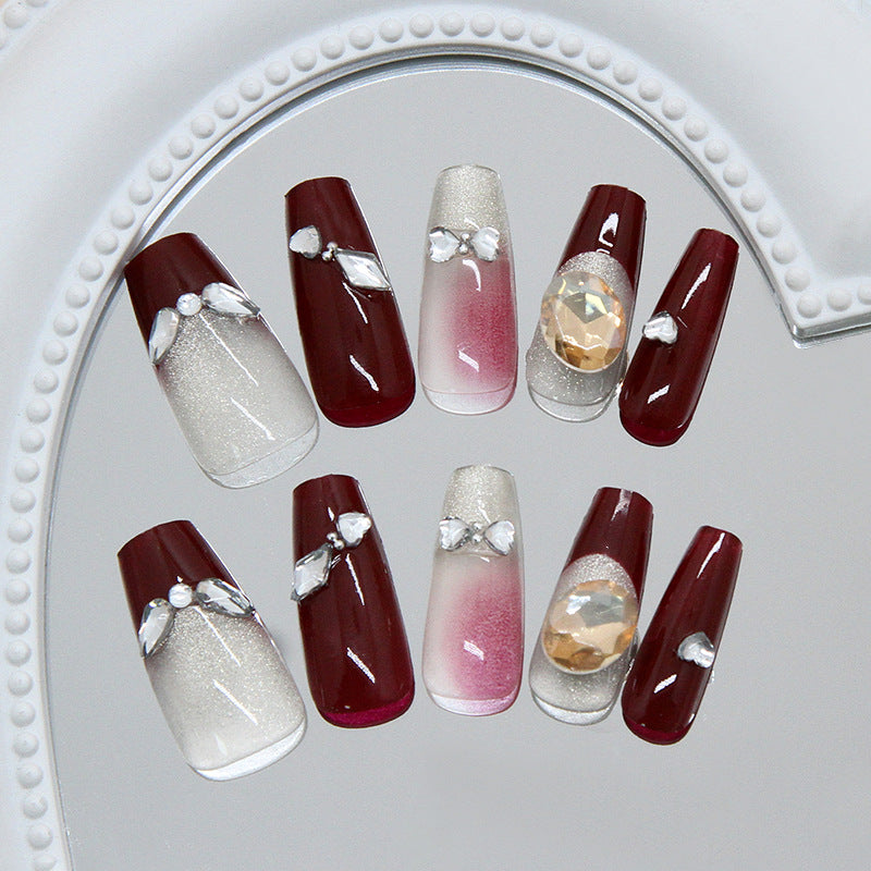 Elegant Radiance Long Coffin Burgundy and Silver Nail Set with Luxe Gem Accents
