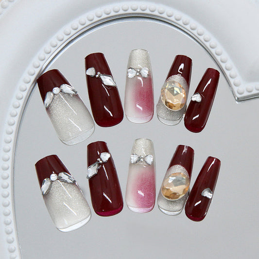 Elegant Radiance Long Coffin Burgundy and Silver Nail Set with Luxe Gem Accents