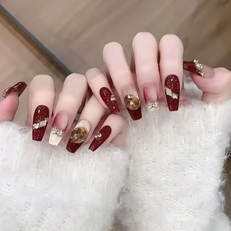 Autumn Elegance Long Coffin Burgundy and Gold Glitter Press-On Nail Set