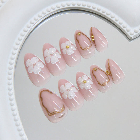 Blossom Elegance Short Almond Pink Press On Nail Set with Floral Design and Gold Accents