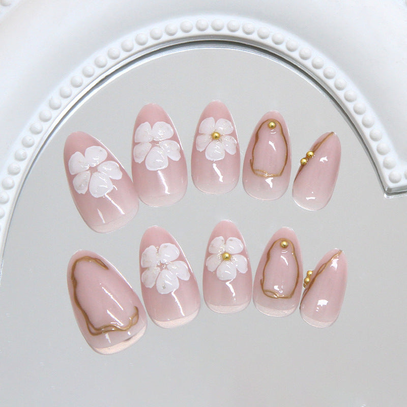 Blossom Elegance Short Almond Pink Nail Set with Floral Art and Gold Accents
