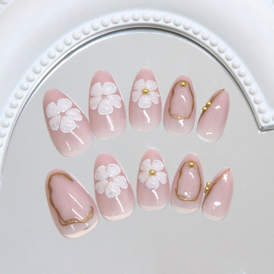 Blossom Elegance Short Almond Pink Nail Set with Floral Art and Gold Accents
