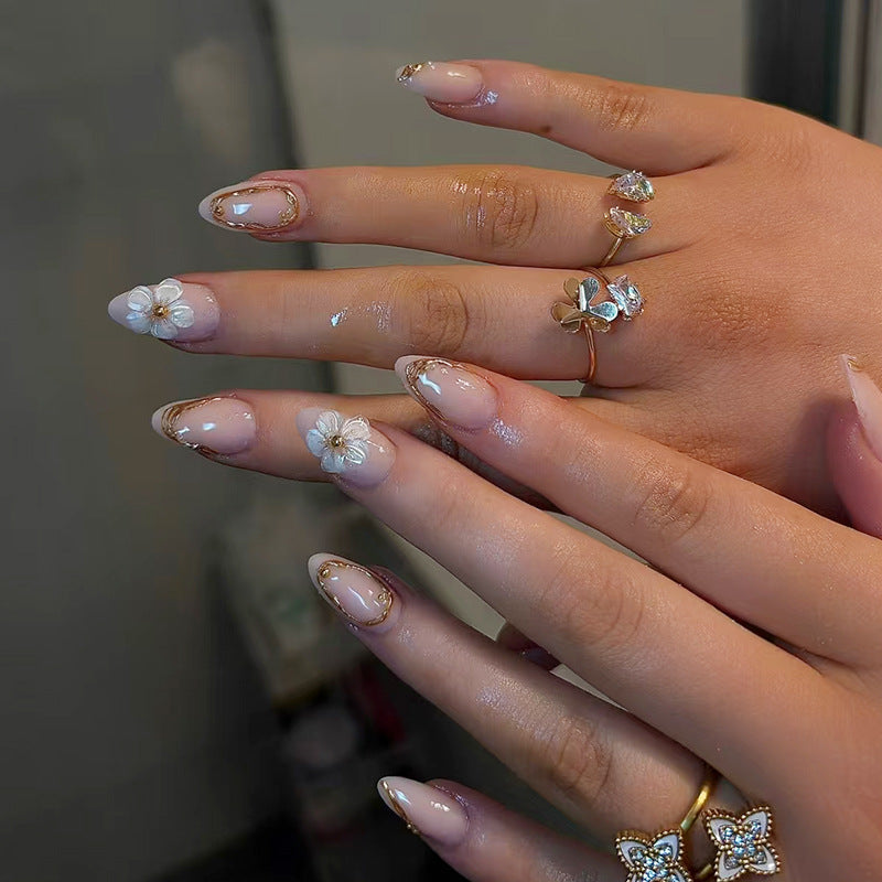 Blossom Enchantment Short Almond Shaped Beige with Floral Accents Press On Nail Set
