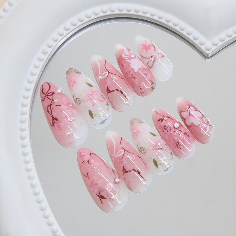 Blossom Dream Long Almond Pink Floral Press-On Nail Set with Elegant Pearl Accents
