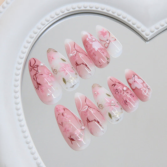 Blossom Dream Long Almond Pink Floral Press-On Nail Set with Elegant Pearl Accents