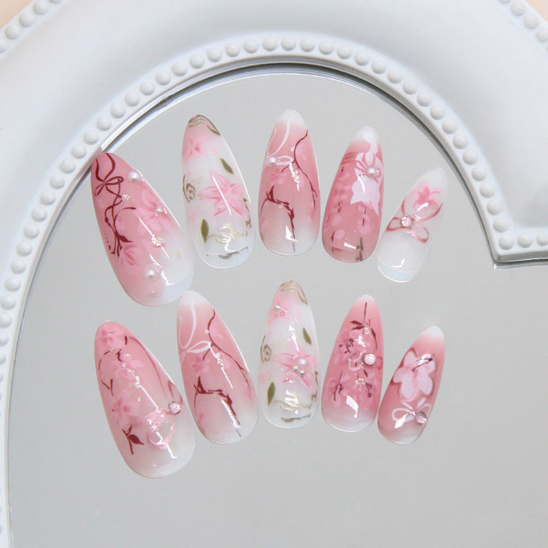Blossom Enchantment Long Almond Shaped Pink Elegant Floral Design Press On Nail Set