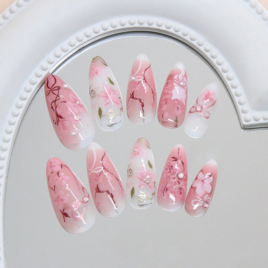 Blossom Enchantment Long Almond Shaped Pink Elegant Floral Design Press On Nail Set