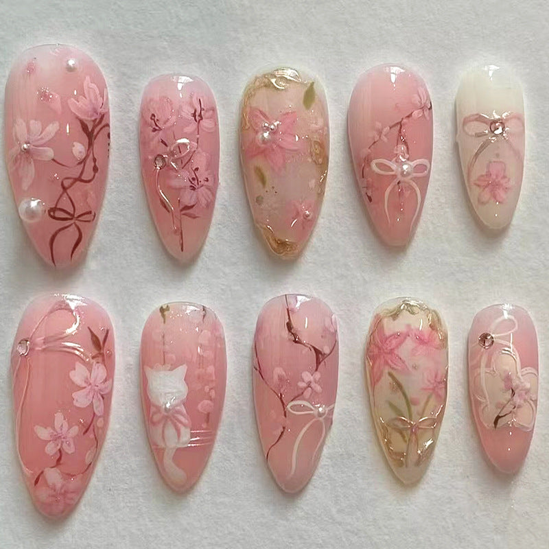 Blossoming Petals Long Almond Pink Floral Press On Nail Set with Glimmering Detailing