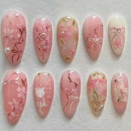Blossoming Petals Long Almond Pink Floral Press On Nail Set with Glimmering Detailing