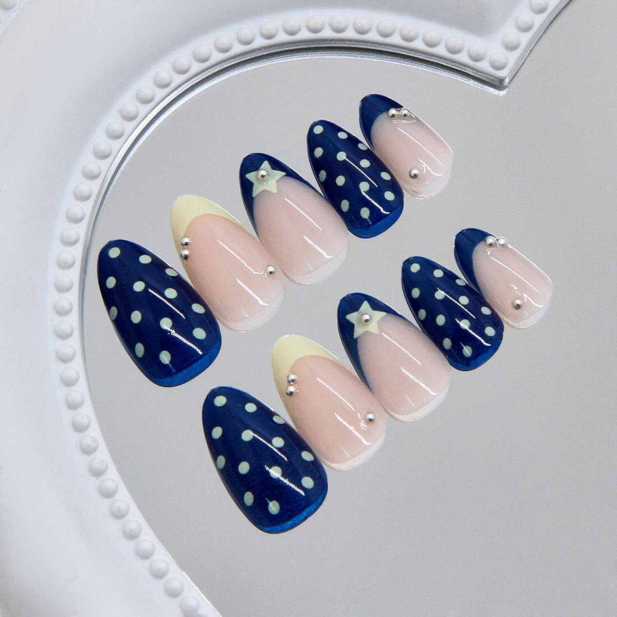 Starry Night Long Almond Blue and Beige Press On Nail Set with Dots and Charms