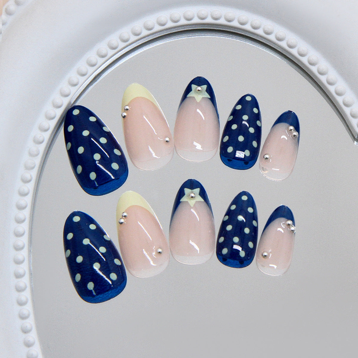 Celestial Charm Long Almond Navy Blue With Polka Dots and Star Accents Press On Nail Set