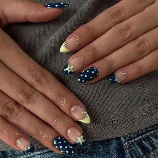Celestial Glamour Long Almond Navy Blue with Star Accents and Polka Dots Press On Nail Set