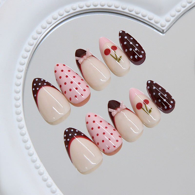 Sweet Dessert Inspired Long Almond Pink and Brown Nail Set with Charming Cherry and Bow Designs